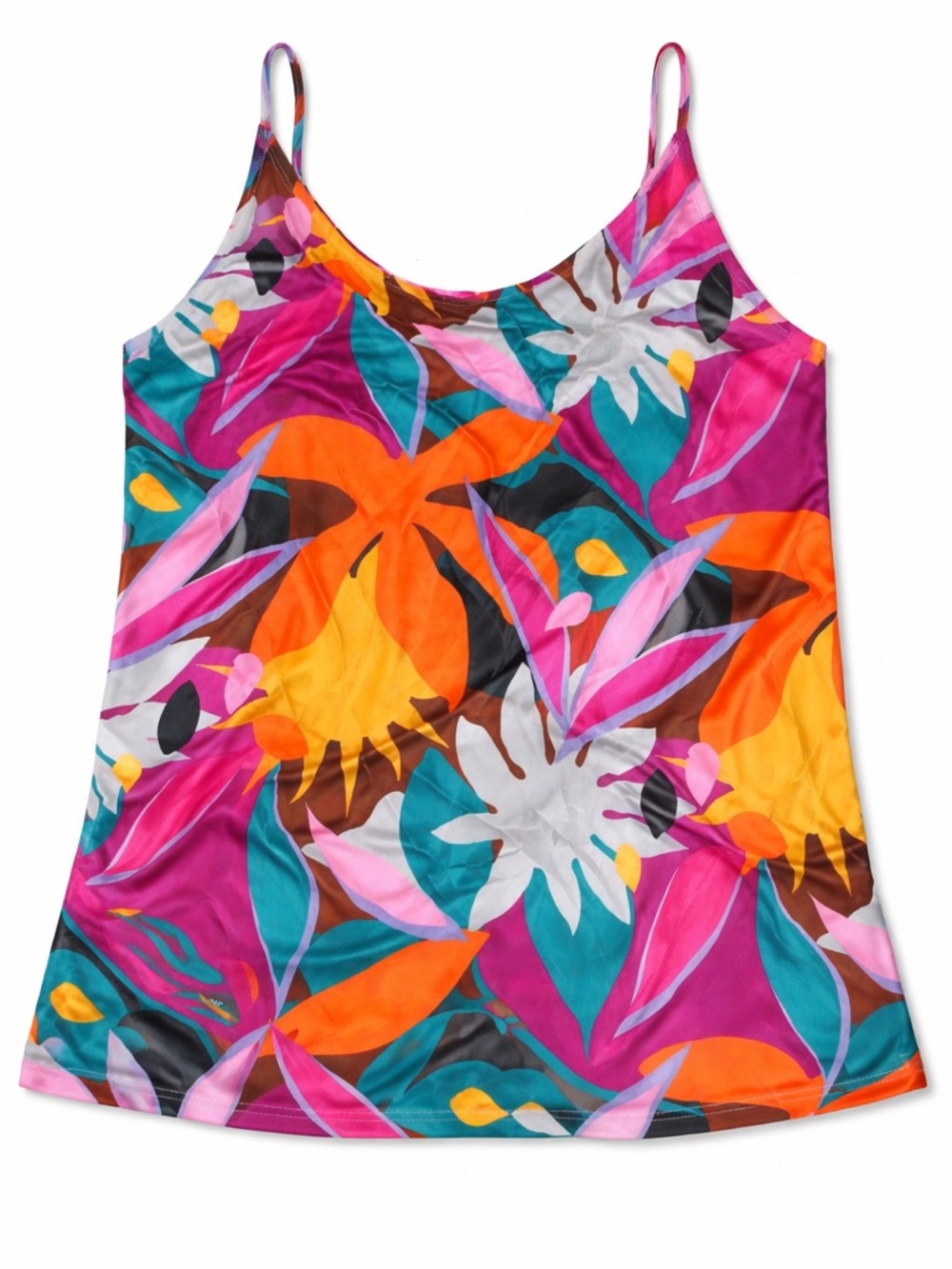 Vibrant Floral Print Satin Tank Top - Pink/Orange